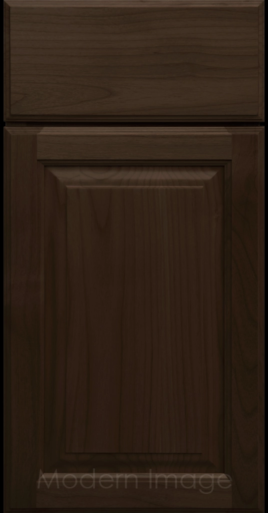 Brownie stained Hampton raised panel kitchen cabinets with flat slab drawer fronts.